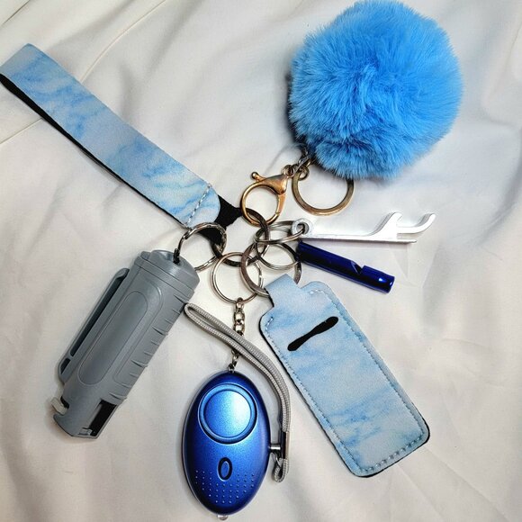 8 Piece Sky Blue Tie Die Safety Keychain Set, Window Breaker, Whistle + More - Picture 1 of 2